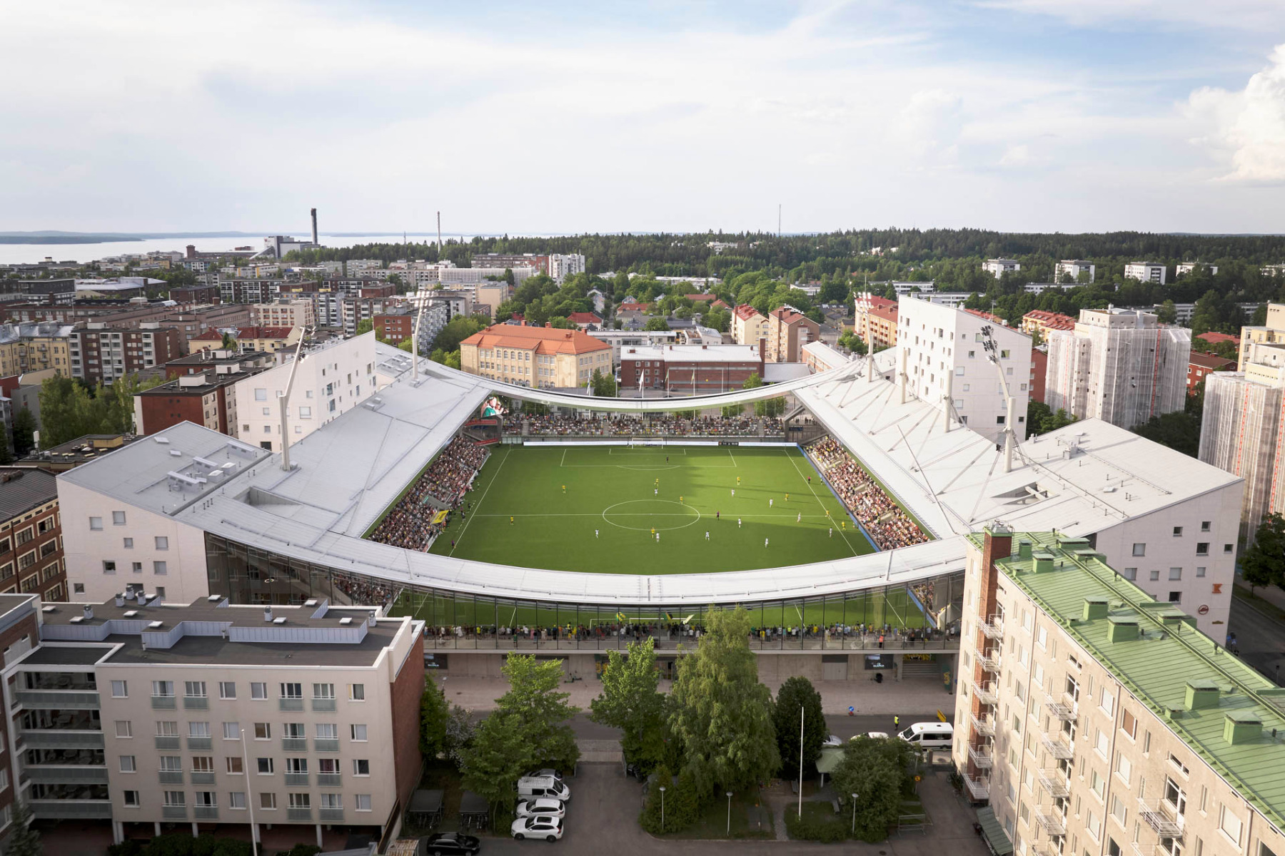 The football stadium is integrated into the urban perimeter block development. &copy; Tuomas Uusheimo