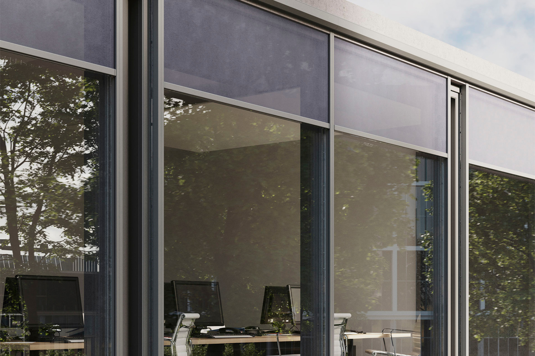 Das teilintegrierte Sonnenschutzsystem heroal VS Z CS f&uuml;gt sich harmonisch in das Fassadensystem heroal C 50 sowie Pfosten-Riegel-Fassaden weiterer Hersteller ein. &copy; heroal