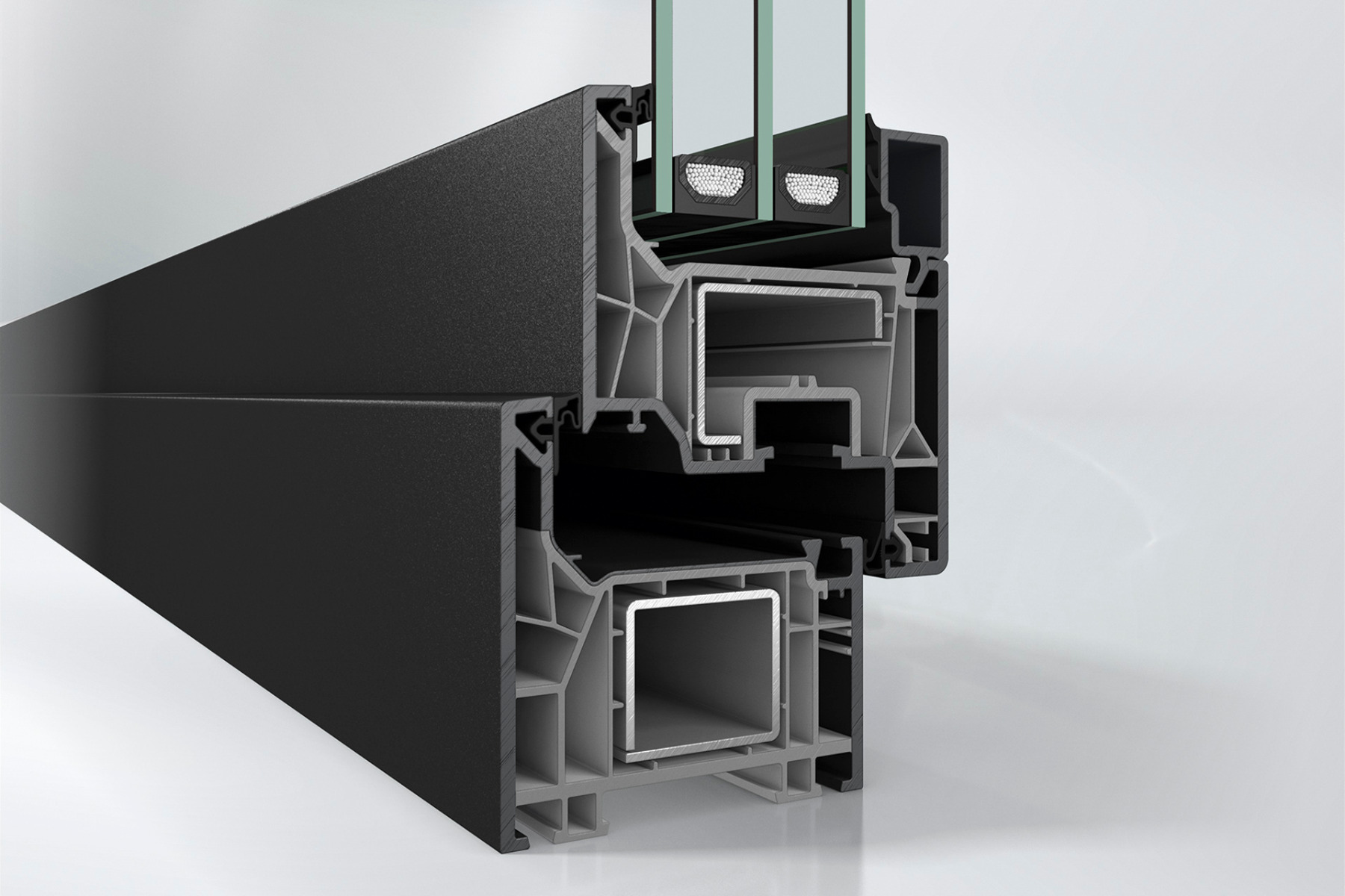 F&uuml;r eine harmonische Optik in Kombination mit dunklen Oberfl&auml;chen ist Sch&uuml;co FocusIng auch mit grauen Profilen erh&auml;ltlich. &copy; Sch&uuml;co International
