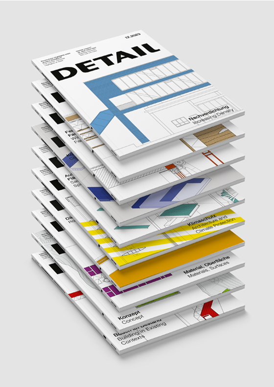 Auf dem Bild ist das Jahrespaket von 2023 zu sehen. Dieses besteht aus den 10 Covers, die in dem Jahr erschienen sind. Ganz oben ist DETAIL 12.2023 und ganz unten 1-2.2023.