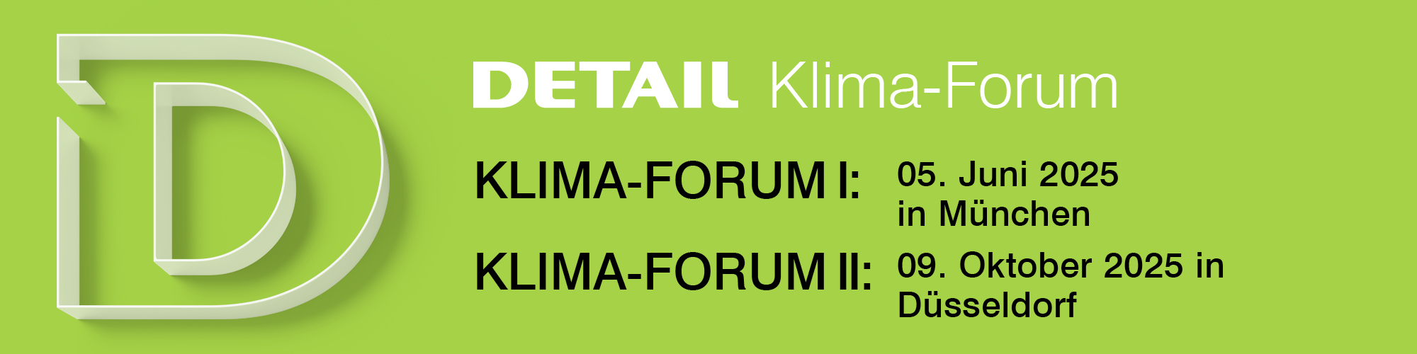 Key Visual Klima-Foren 2025 auf hellgrünem Hintergrund mit den Daten