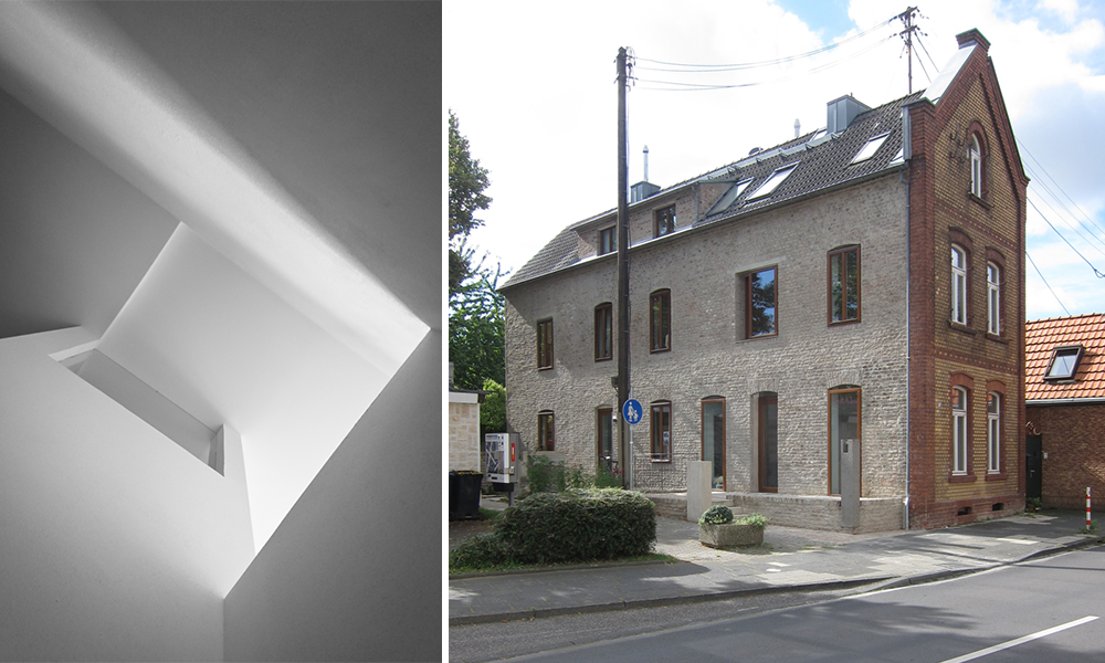 Kollage von einer Au&szlig;enaufnahme eines Hauses und eines Fensters