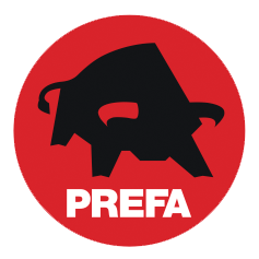 Prefa Logo mit einem schwarzen Stier und wei&szlig;er Schrift